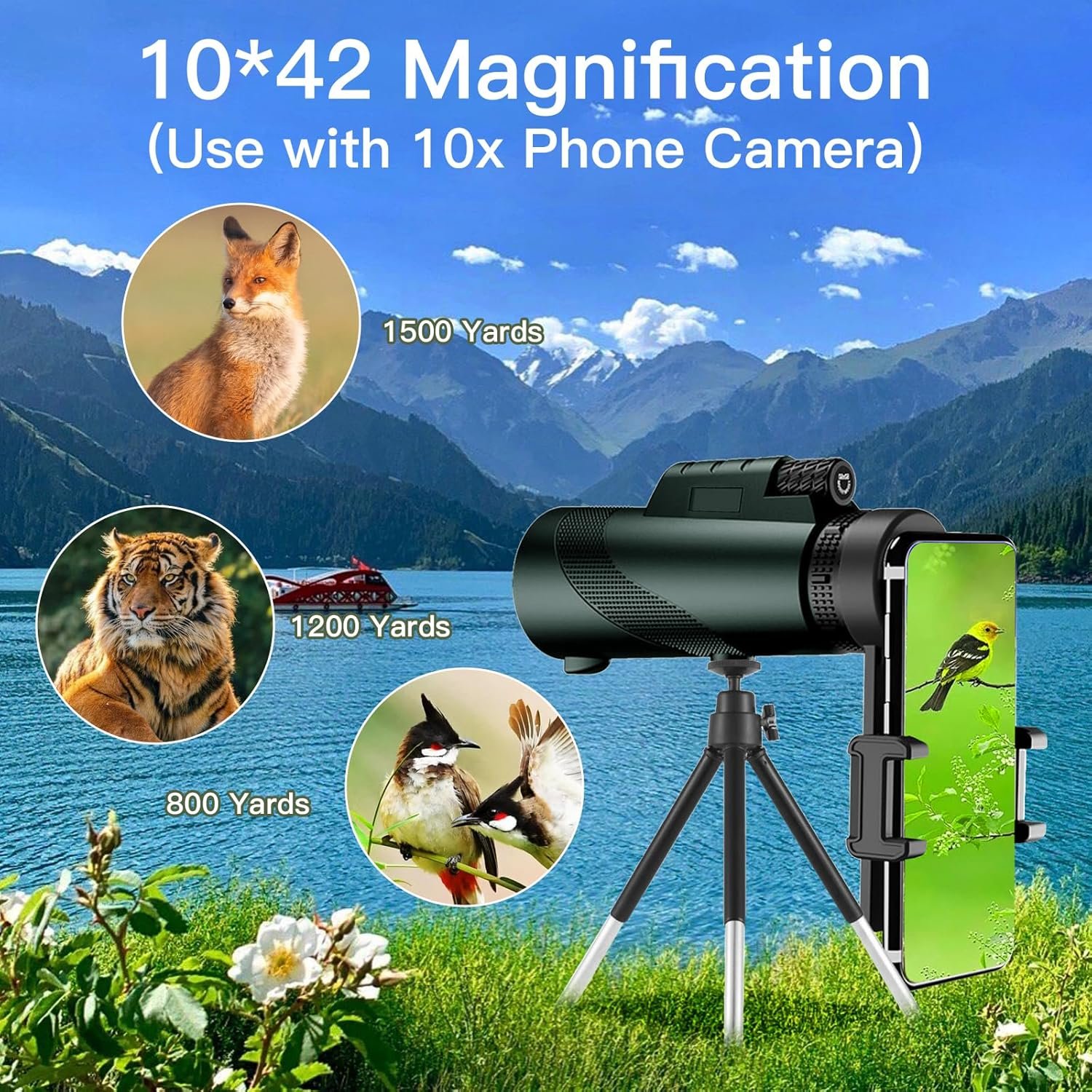10X42 HD Monocular for Adults, Military Grade Compact Monocular Telescope with BAK-4 Prism & FMC Lens & Smartphone Holder & Tripod, Stargazing Hunting Bird Watching, Camping...