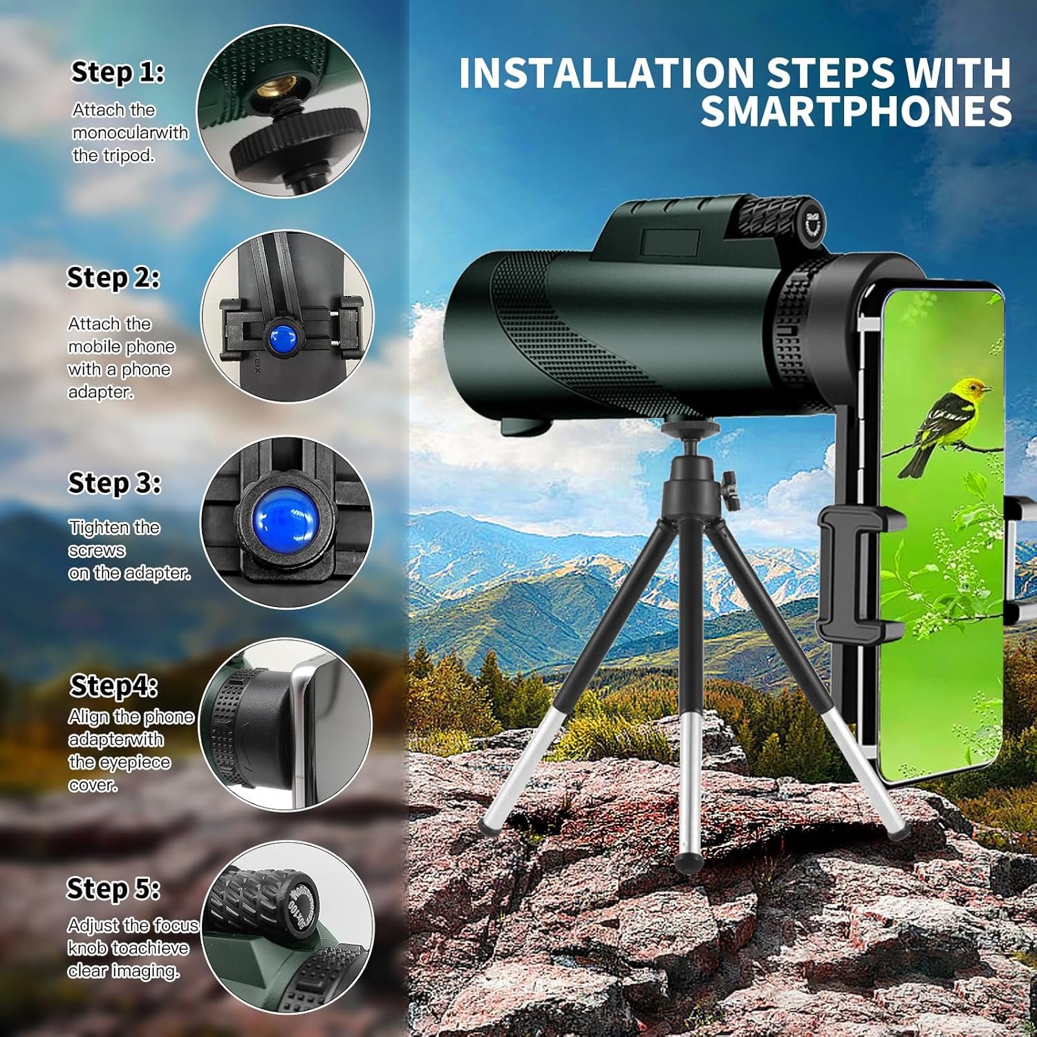 10X42 HD Monocular for Adults, Military Grade Compact Monocular Telescope with BAK-4 Prism & FMC Lens & Smartphone Holder & Tripod, Stargazing Hunting Bird Watching, Camping...