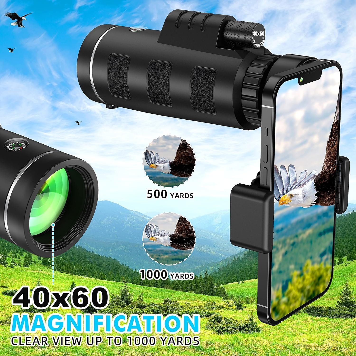 40x60 Monocular Telescope for Adults High Powered, Monocular for Adults, Compact Low Light Vision for Wildlife, Hunting, Camping, Travel &Outdoor Adventures