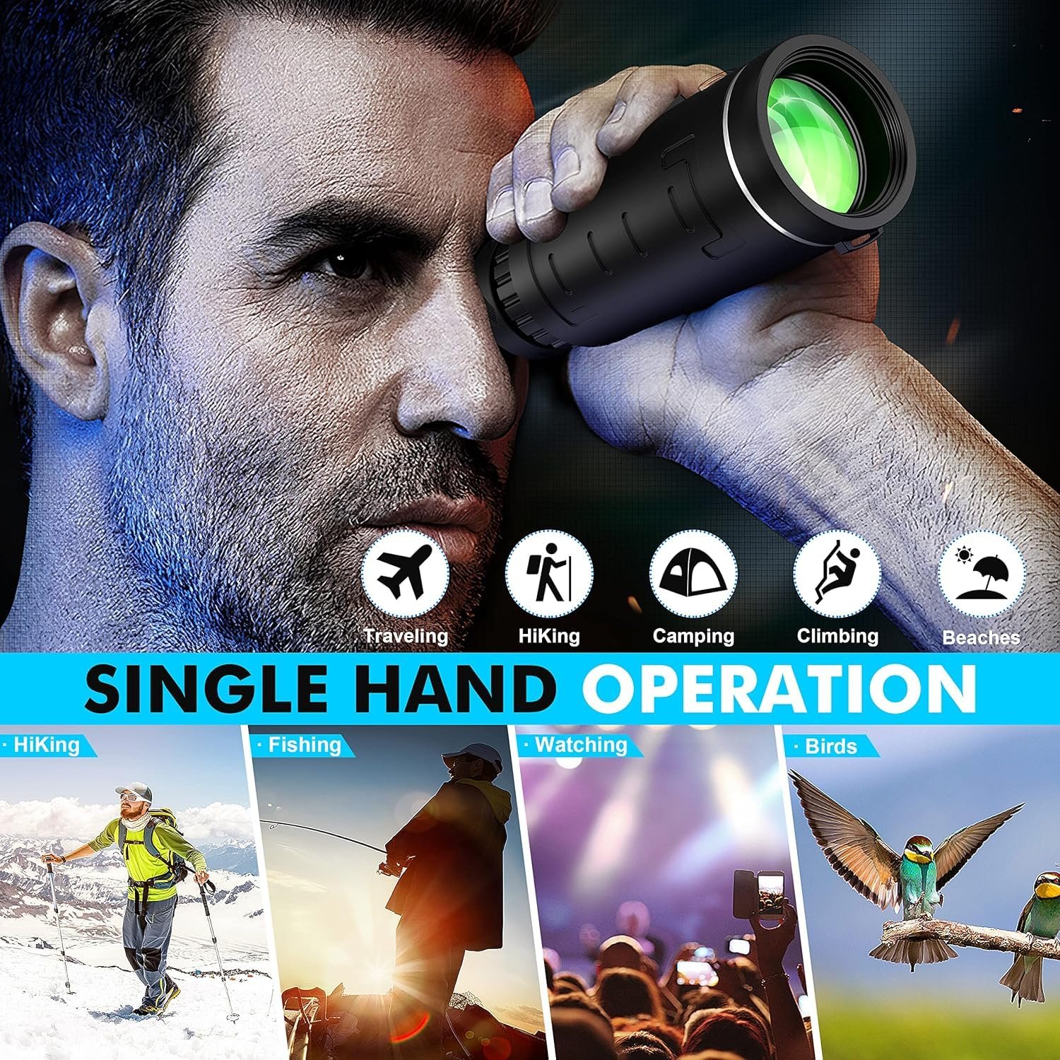 40x60 Monocular Telescope for Adults High Powered, Monocular for Adults, Compact Low Light Vision for Wildlife, Hunting, Camping, Travel &Outdoor Adventures