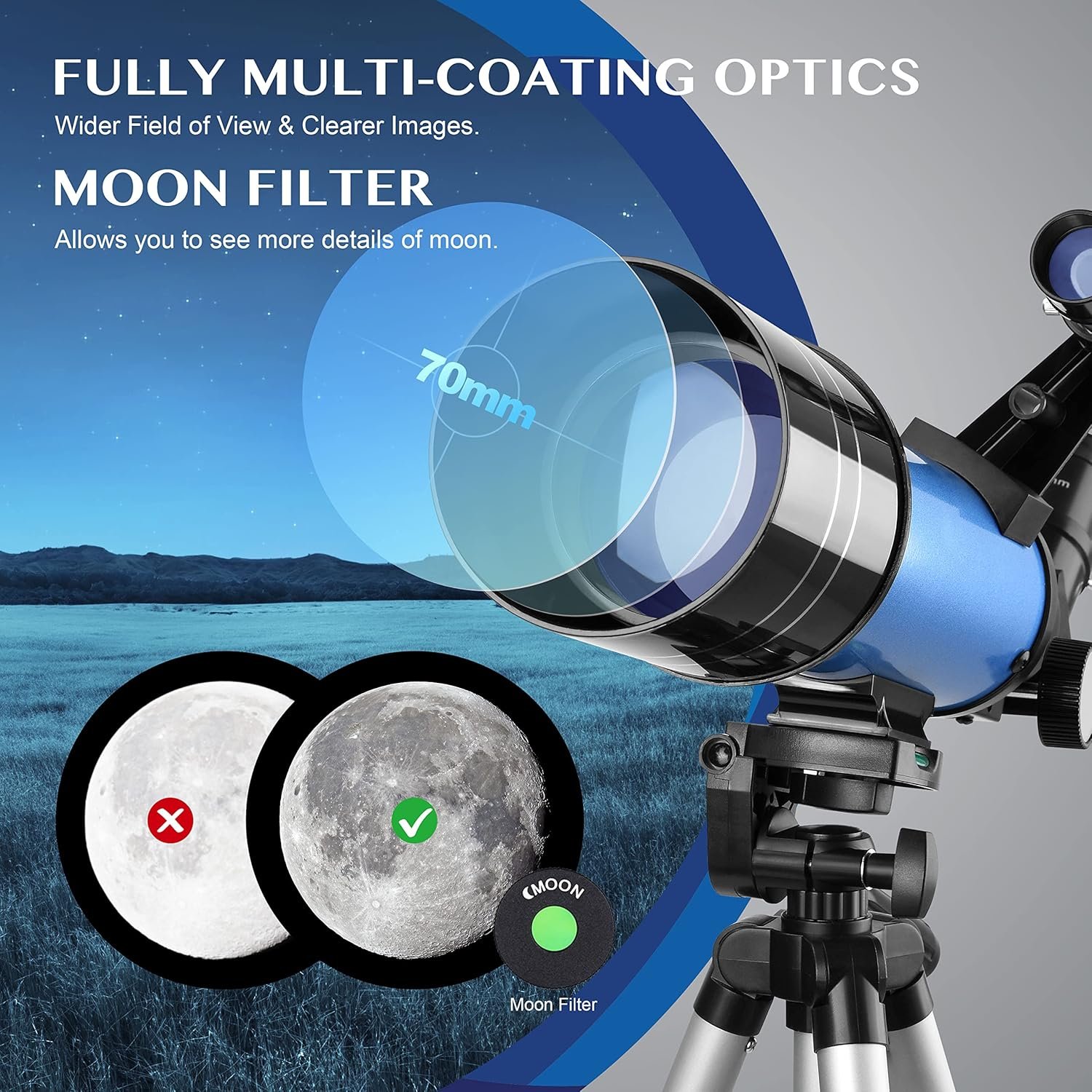 AOMEKIE 40070 Telescopes for Astronomy Beginners and Adults 70mm Astronomical Telescopes with Adjustable Tripod K6/25 Eyepieces Phone Adapter