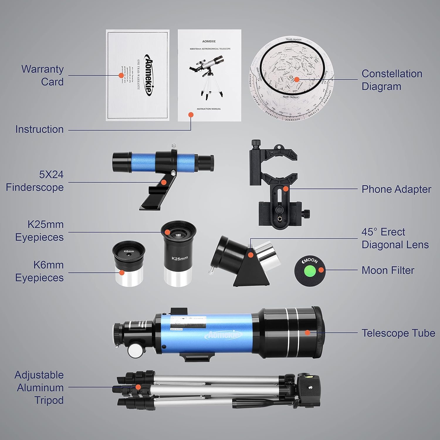 AOMEKIE 40070 Telescopes for Astronomy Beginners and Adults 70mm Astronomical Telescopes with Adjustable Tripod K6/25 Eyepieces Phone Adapter