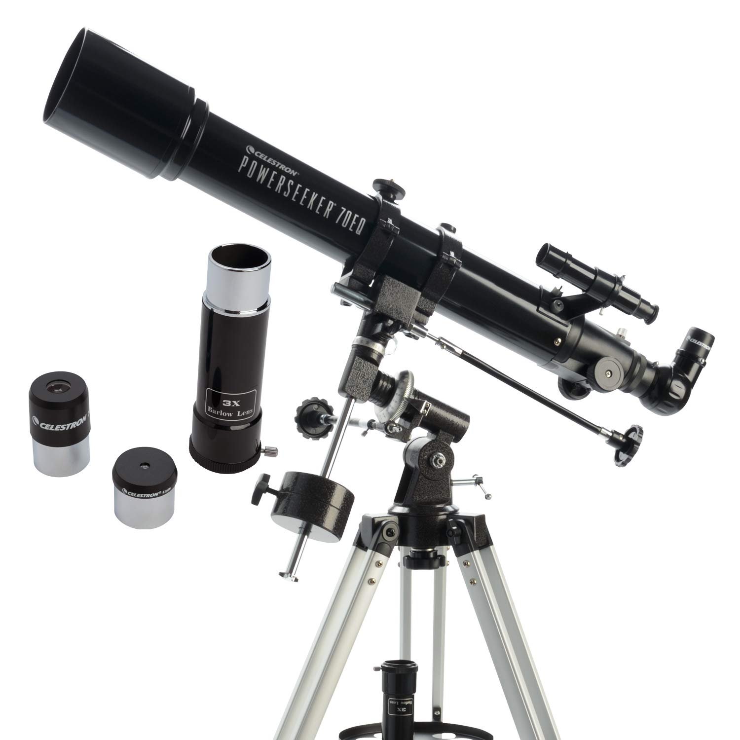 Celestron 21048 PowerSeeker 80EQ Refractor Telescope - Includes Two Eyepieces, Erect Image Diagonal, 3X Barlow Lens, Height-Adjustable Tripod and Deluxe Accessory Tray, Black
