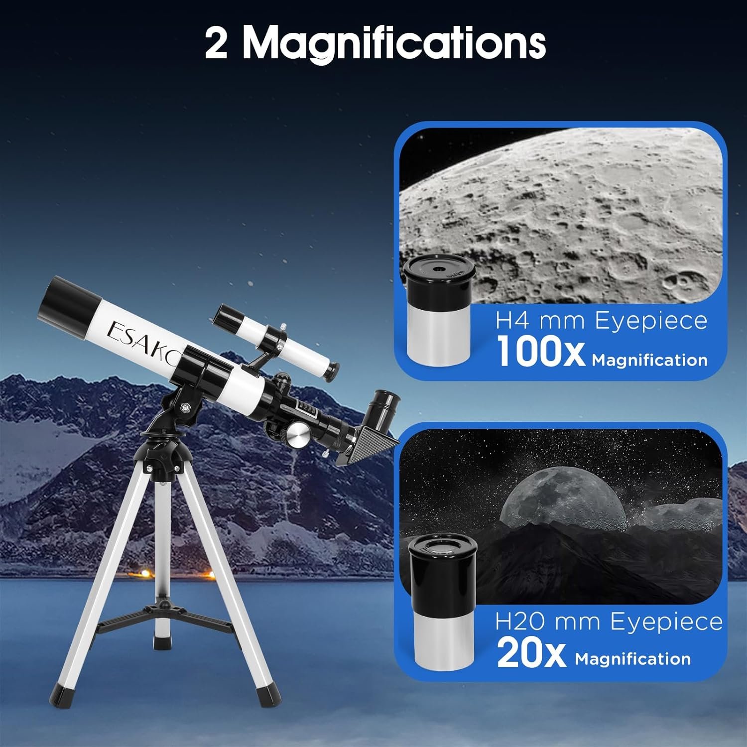 ESAKO Telescope for Kids, 100x Magnification, Kids Telescope with Two Eyepieces, Finder Scope, Tabletop Tripod Educational Gift